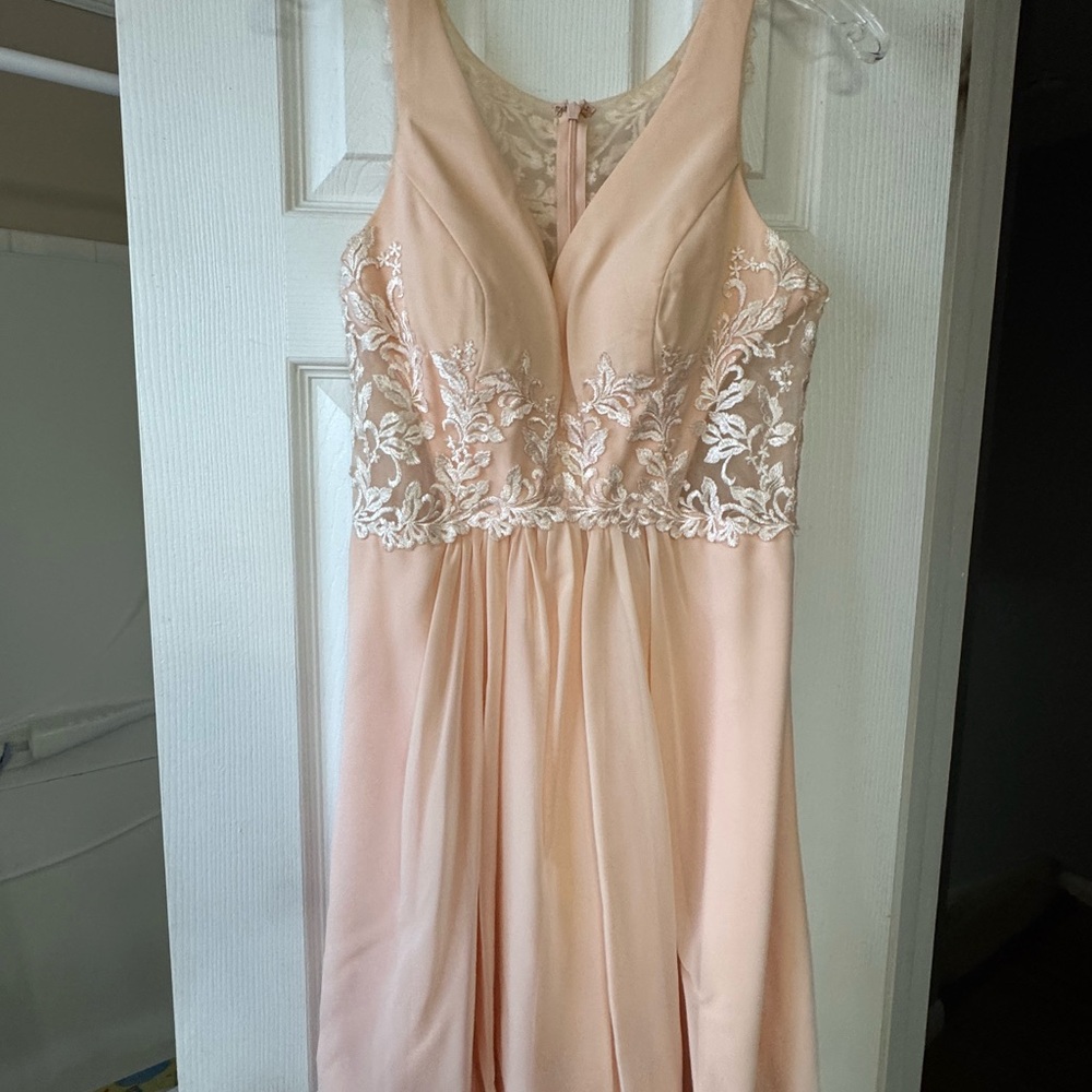 Jadore Evening Blush Satin Dress with Lace Accents
